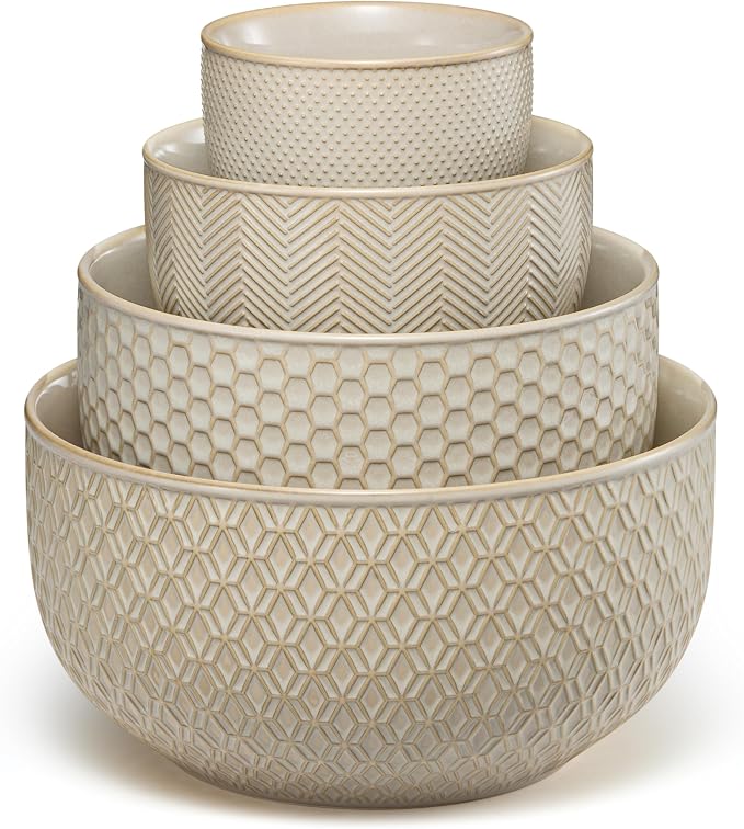 KooK Ceramic Mixing Bowls, Nesting Set of 4, Embossed Kitchen Dishware, Prep, Serving, Gift, Microwave and Dishwasher Safe, 20/44/98/145 oz, Narbonne Collection (Almond)