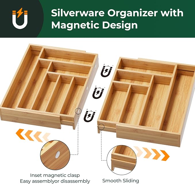 Large Silverware Organizer, 13 Slots Magnetic Connected Expandable Bamboo Utensil Drawer Organizer From 21 to 37.4 Inches, Adjustable Flatware and Cutlery Holder, Utensil Tray for Kitchen Natural