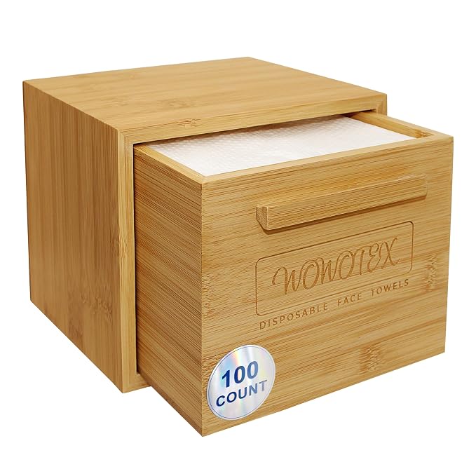 WOWOTEX Bamboo Towel Container with Disposable Face Towels 100 Count | Solid Bamboo Construction, Face Towel Dispenser, Extra Soft Sheets, Ideal For Vanity Skincare, Makeup Removal and Cleansing