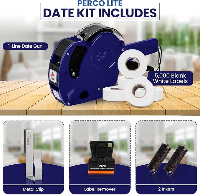 Perco Lite 1 Line Date Gun Kit for Retail – Includes 5 White Label Rolls, Clip & Ink Rollers