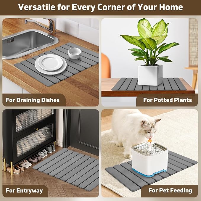 Foldable Stone Bath Mat, 2 PCS Quick-Dry Diatomaceous Earth Stone Drying Mat for Bathroom, Non-Slip Rubber Base, Shower Mat Outside Shower, Easy to Store, Easy to Clean (Grey 24"×16" & 8"x4")