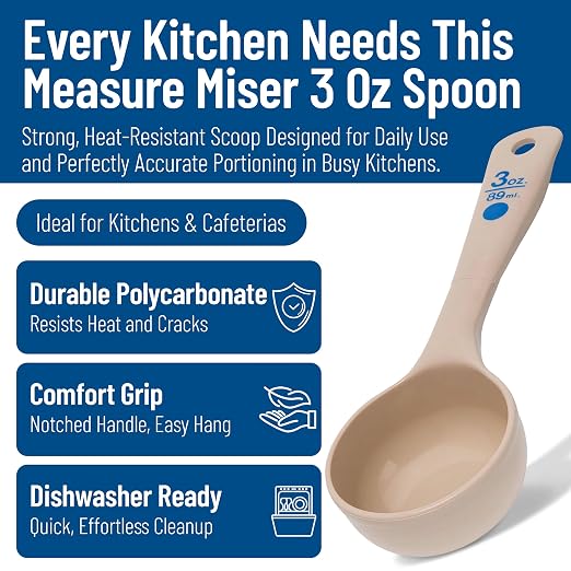 Carlisle FoodService Products 3 Oz Solid Portion Control Spoon – Short Handle Measuring Spoon – Beige Polymer Foodservice Spoon for Commercial Kitchens, (Pack of 12)