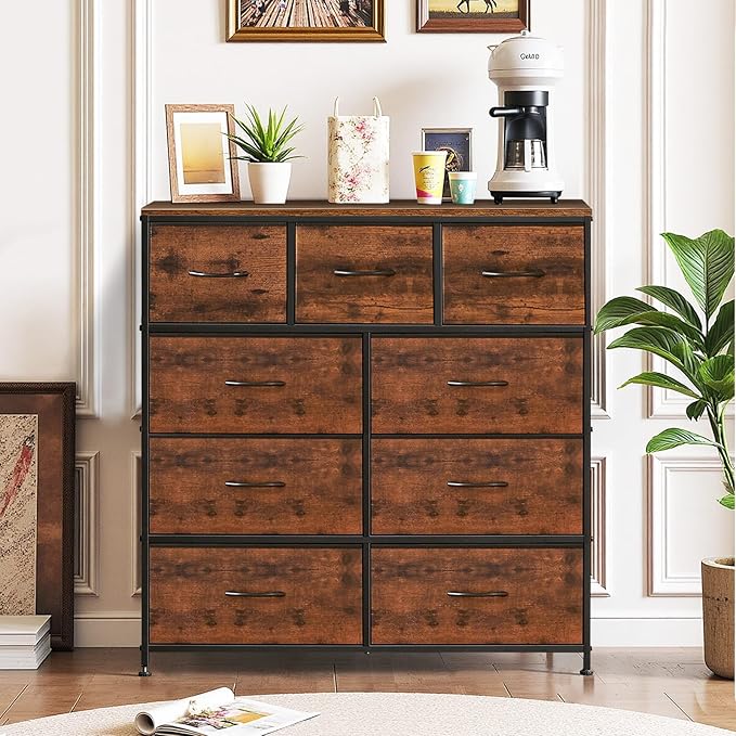 9-Drawer Dresser for Bedroom, Anti-Tip Tall Storage Organizer Chest of Drawers with Wooden Top and Metal Frame Fabric Bins for Closet, Living Room, Hallway, Entryway, Brown