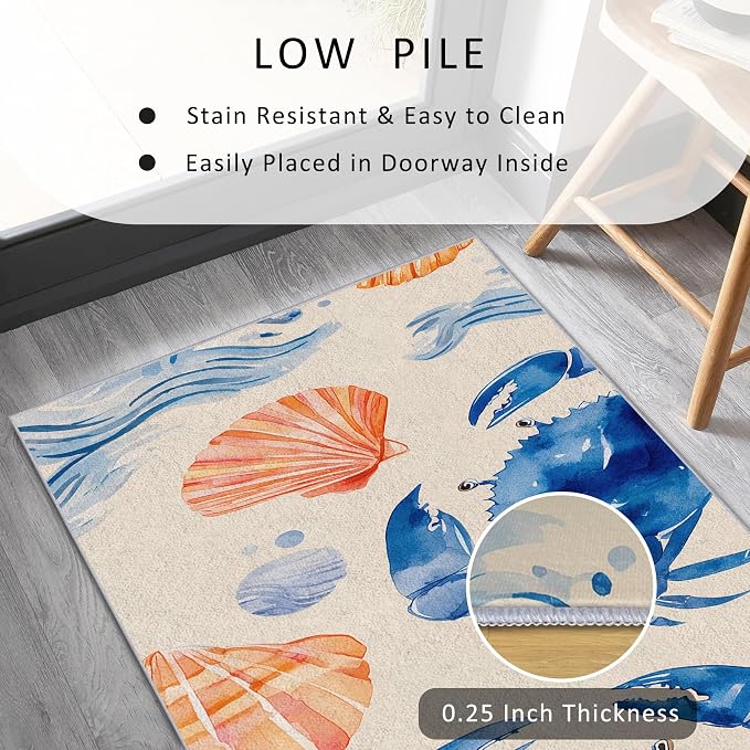2x10 Nautical Runner Rug for Hallway, Washable Coastal Crab Rug Runner Non Slip, Seashell Ocean Home Decor Carpet for Kitchen, Bedroom, Entryway, Laundry Room, Ultra Thin Soft H188