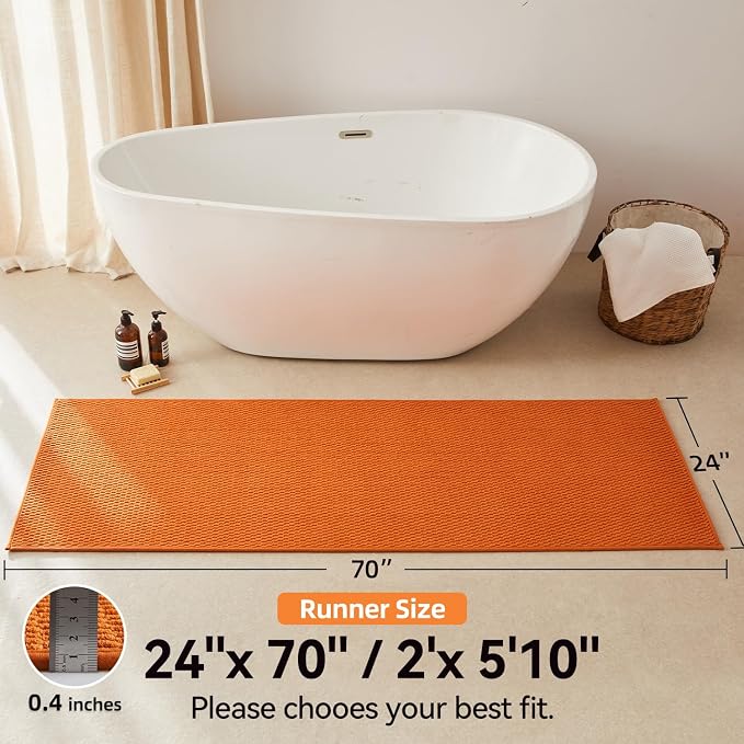 Triohero Bathroom Runner Rugs, Long Bath Mat Runner Washable Thin Quick Dry Low Pile Bathroom Runner Rugs Non Slip, Orange 24"x70"