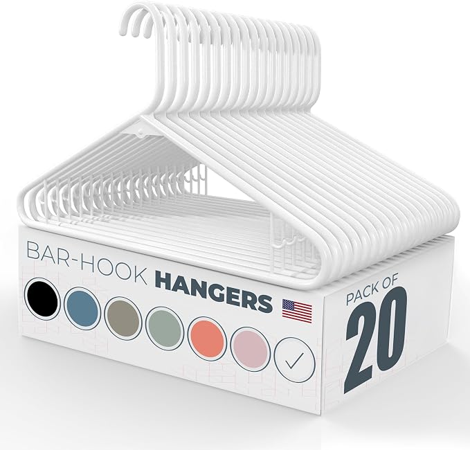 Plastic Hangers 20 Pack – Made in The USA – 6lb Capacity Standard Clothes Hangers with Strap Hooks for Dresses, Lingerie, Shirts, Pants, and Jackets – White