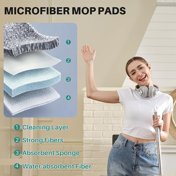 JOYMOOP Flat Mop and Bucket System, Microfiber Mop for Floor Cleaning, White, Suitable for Hardwood, Tile, Laminate and Vinyl Floors, 50" Mop with 1 Microfiber Pad