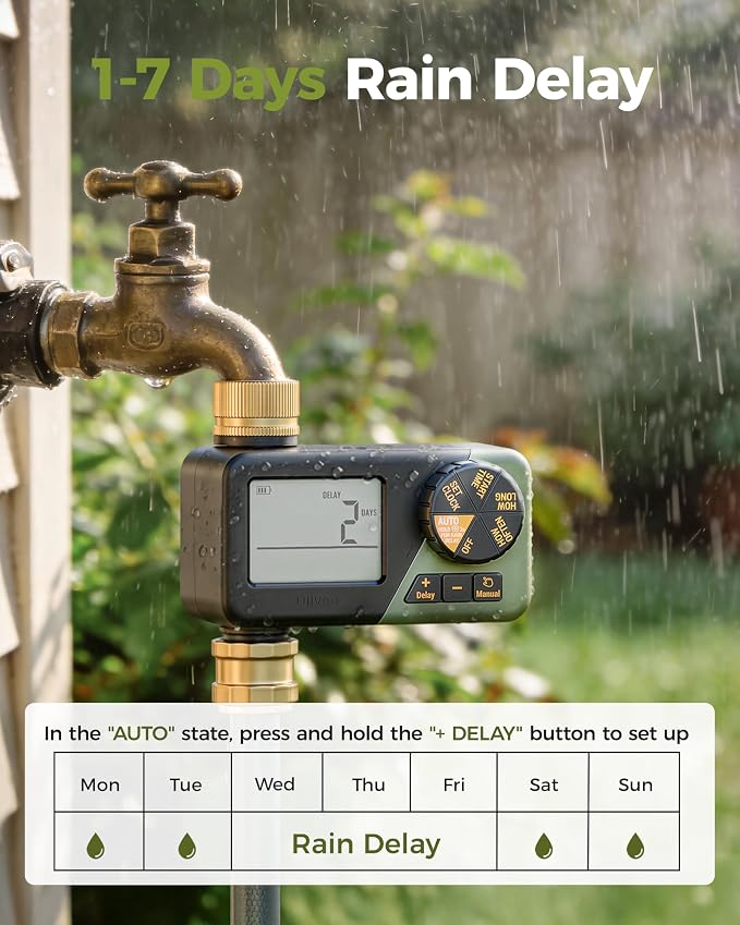 Diivoo IP66 Waterproof Brass Hose Timer, Programmable Sprinkler Timer with Large Display, Rain Delay & Manual Mode – Outdoor Automatic Irrigation System for Garden, Lawn & Yard