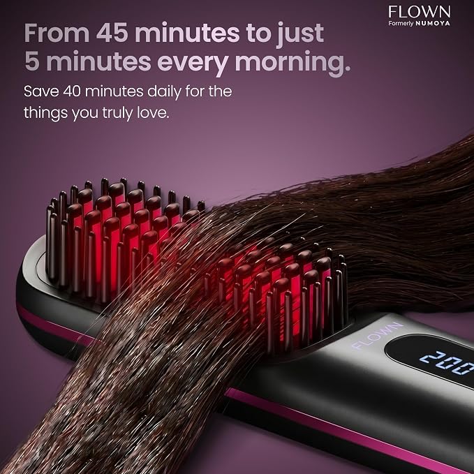FLOWN® Original Go Brush PRO [Five Minutes Hair Styling Routine] - No Damage Heat Brush with USB-C Charger - Electric Travel Pocket Brush for All Hair Types - Black (Formerly Numoya)