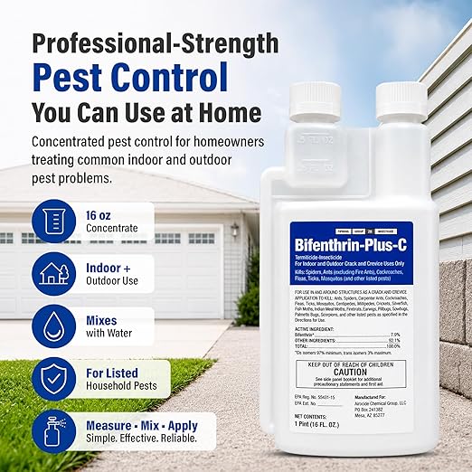 Bifenthrin Plus-C Insecticide (16 oz) - Roach Killer Indoor Infestation, Termite Treatment, Ant Control & Wasp Spray - Home Defense Pest Control, Residential, Commercial, and Industrial Use
