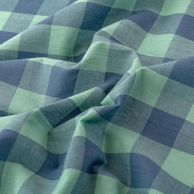 mixinni Green Gingham Grid Duvet Cover King, 100% Washed Cotton Modern Geometric Bedding Set with 2 Pillowcases, Farmhouse Style Blue Plaid Comforter Cover Set for Men & Women, Soft & Lightweight