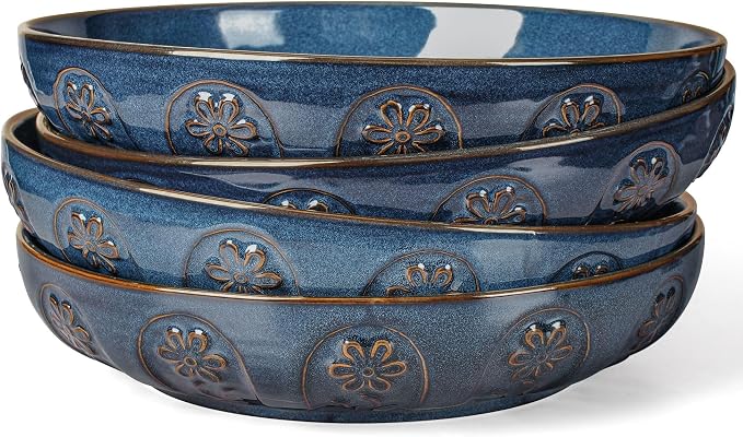 Artena Pasta Bowls, 50oz Large Salad Serving Bowls, 9.75'' Plates Bowls Set of 4, Big Ceramic Soup Bowls for Kitchen, Embossment Shallow Dinner Bowl, Microwave Dishwasher Safe, Pinwheel Flower, Blue