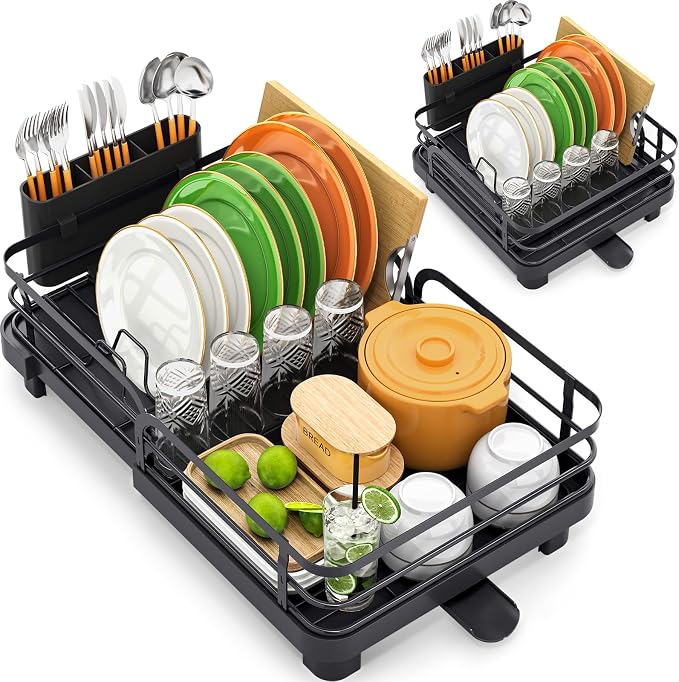 TOOLF Expandable Dish Drying Rack for Kitchen Counter, Black | Stainless Steel Dish Drainer with Drainboard Set & Cutlery Holder, Extendable 13.7“-20.5”L, Rust-Proof, Fits for 1-3 People