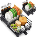 TOOLF Expandable Dish Drying Rack for Kitchen Counter, Black | Stainless Steel Dish Drainer with Drainboard Set & Cutlery Holder, Extendable 13.7“-20.5”L, Rust-Proof, Fits for 1-3 People