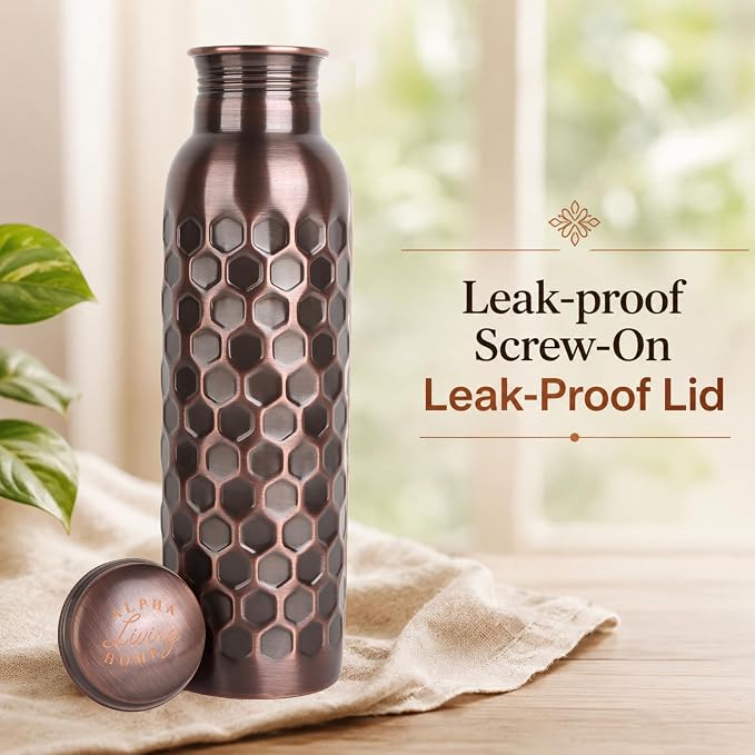 Copper Water Bottle 32 Oz Extra Large, Real Copper Drinking Bottle, Antique Honeycomb Ayurvedic Pure Bottle for Drinking Water, Leak Proof Lid with Cleaning Brush, Home Office Use