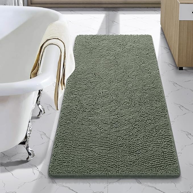 LOCHAS Luxury Bathroom Rug Shaggy Bath Mat 24 x 48 Inch, Sage Green | Washable Non Slip Bath Rugs for Bathroom Shower, Soft Plush Chenille Absorbent Carpets