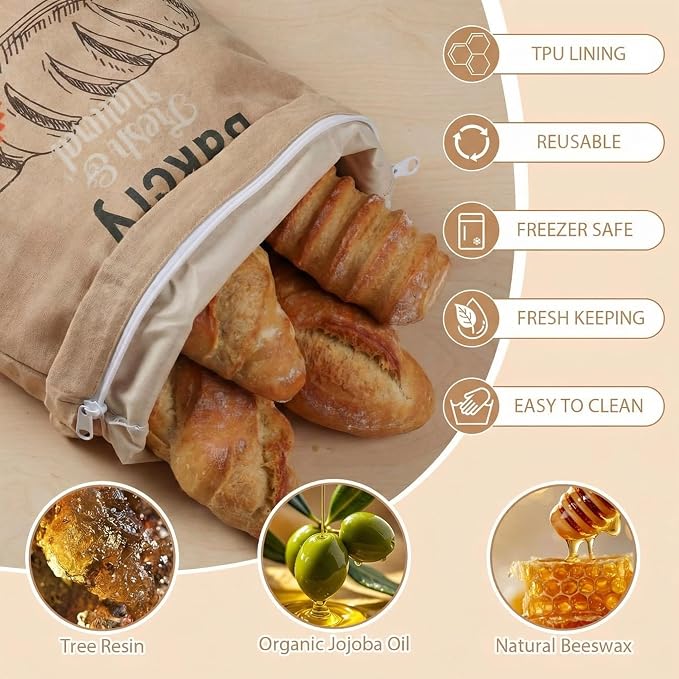 Tigeen 8 Pack Beeswax Bread Bags for Sourdough & Homemade Bread 17 x 13'' XL Reusable Organic Linen Beeswax Wraps with Sealing for Fresh Food Storage Loaf Fresh Freezer Baker Gift(Bakery Style)