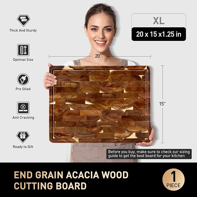 Extra Large End Grain Cutting Board for Kitchen with Non-slip Feet, Acacia Wood Heavy Duty Checkered Cutting Board Handcrafted Luxury Chopping Board for Cheese and Vegetables Housewarming Gift