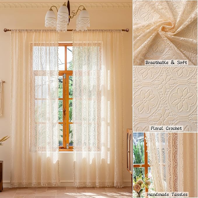 Sutuo Home Beige Boho Sheer Curtains 84 inches Long for Living Room Bedroom,Floral Lace Victorian Curtains 2 Panels Crochet Privacy Bohemian Farmhouse Vintage Tassels Cottage Decor Rod Pocket, 50" W