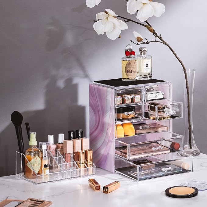 Sorbus Acrylic Makeup Organizer Set, 7-Drawer Vanity & Countertop Cosmetic Storage with Small & Wide Compartments, Tie Dye Makeup Storage for Brushes, Jewelry – Holiday Gift for Women & Teens