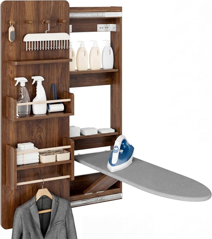 Kikihouse Wall Mounted Ironing Board Cabinet with Storage, Foldable Wall Ironing Board with Sliding Door, Wall Mount Space Saving Ironing Station for Laundry Room, Living Room, Entrance (Walnut)