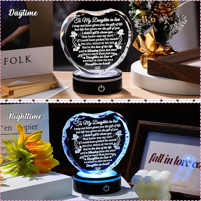 Arikyrist Crystal Heart Gifts for Daughter in Law from Mother in Law with LED Light Base on Wedding Birthday Mother's Day, to My Bonus Daughter Gift Idea Unique Keepsake