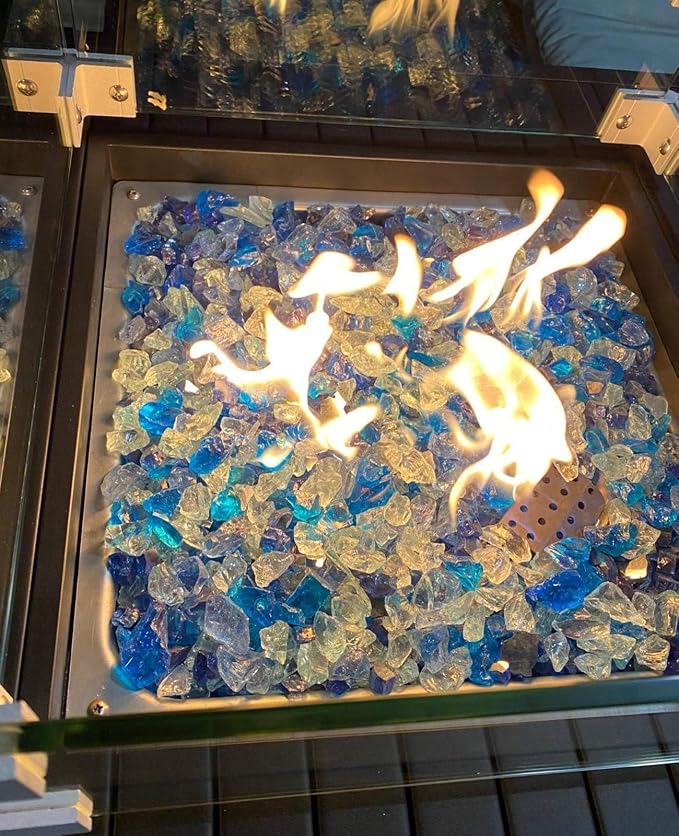 NUPICK 20 Pound Fire Glass, 1/2 Inch Reflective Fire Pit Glass | Tempered Fire Pit Rocks for Propane or Natural Gas, Glass Rocks for Fire Pit Table, Fireplace, Fire Bowl, Blue and White Mix