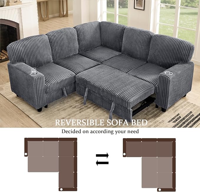 L-Shaped Sectional Sleeper Sofa with Pull Out Bed, Dark Grey | Plush Corduroy Modular Couch with Storage, USB Charging, Cup Holders – Cozy Cloud Couches for Living Room, Easy Assembly