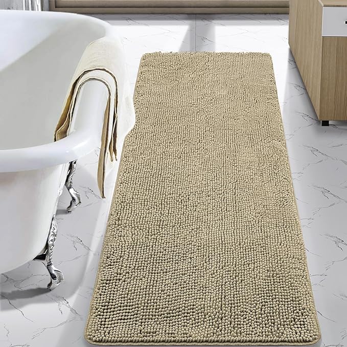LOCHAS Luxury Bathroom Rug Shaggy Bath Mat 24 x 70 Inch, Beige | Washable Non Slip Bath Rugs for Bathroom Shower, Soft Plush Chenille Absorbent Carpets