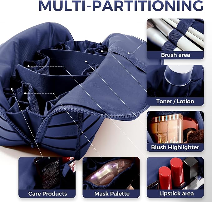 Travel Makeup Organizer Bag with Fold-Down Design and Adjustable Dividers, 27 Pockets & 3 Brush Storage Holders, Large Capacity Cosmetic Bags Toiletry Case - Navy Blue