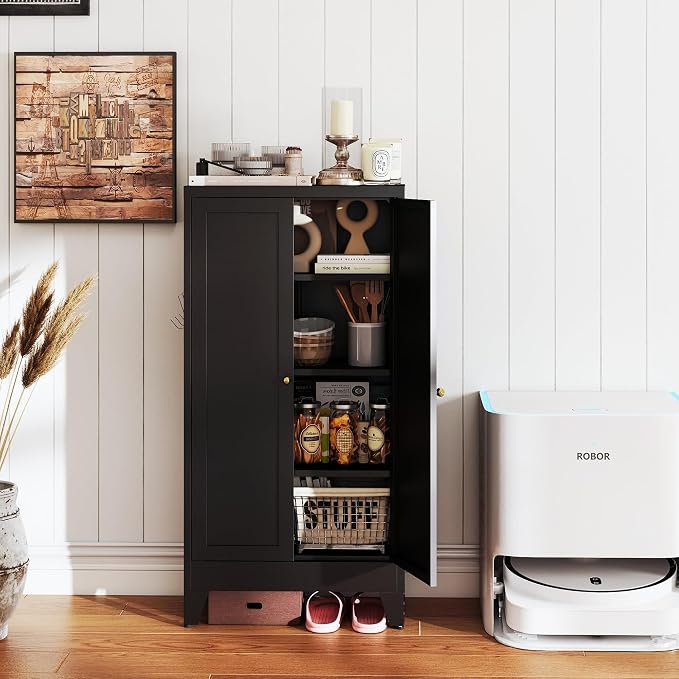 AQY Metal Pantry Cabinet, Black Kitchen Storage Cabinet with Doors | Adjustable Shelves Freestanding Storage Metal Cabinet Kitchen, Dining & Bathroom Organization