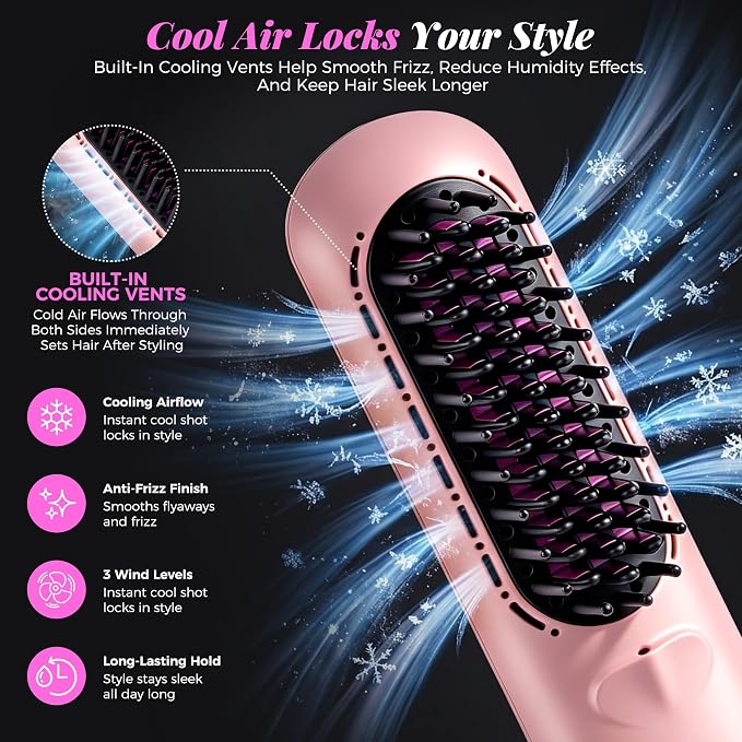 Go Brush Pro 2026, Cordless Hair Straightener Brush, Mini Hair Straightener with 3 Temperature Settings, Portable Hair Straightener Brush with MCH Heating and Ionic & Ceramic Care for Women (Pink)