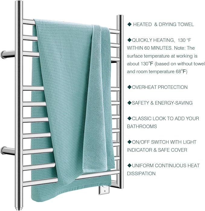 HEATGENE Towel Warmer Wall-Mounted Hardwired Heated Towel Rack Hot Towel Bar Brushed