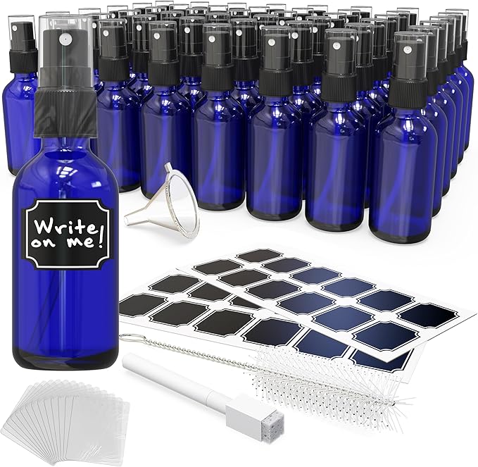 Nevlers Small Spray Bottle 2 Oz 48 Pack | Blue Glass Spritzer Bottles | Mini Spray Bottle Mist Set w/Labels, Marker, Funnel, Brush & Shrink Wrap | 2oz Glass Bottles for Oils, Scents & Travel Use