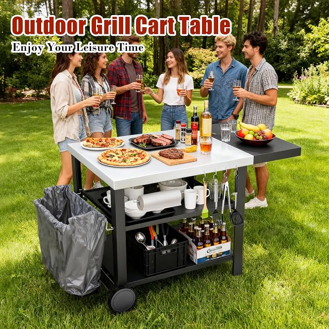 Outdoor Kitchen Island Cart with Side Table | 3-shelf movable prep station for Ninja Woodfire, Blackstone griddles and pizza ovens