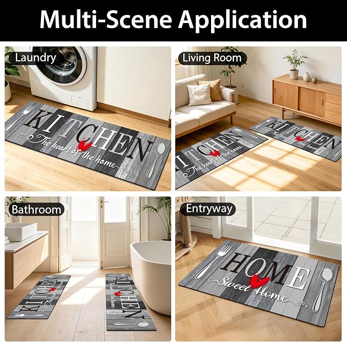 Kitchen Rugs Set 3 Piece, Non Slip Kitchen Mats for Floor, Soft Fabric with Rubber Backing, Farmhouse Anti Fatigue Runners Carpet for Home Kitchen Laundry Room Hallway (Rustic Grey & Black)