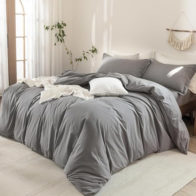 Dark Grey Duvet Cover Oversize Queen Size Bedding Set Cover 100% Washed Cotton Duvet Cover with Zipper Closure and 2 Pillowcases, 98inch x 98inch