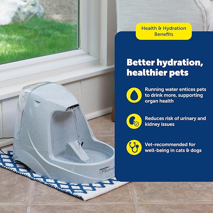 PetSafe Drinkwell Platinum Cat Water Fountain, 168 oz/5L, Grey | Free-Falling Stream Encourages Drinking, Snap-on Lid Prevents Removal, Includes Replaceable Carbon Filter