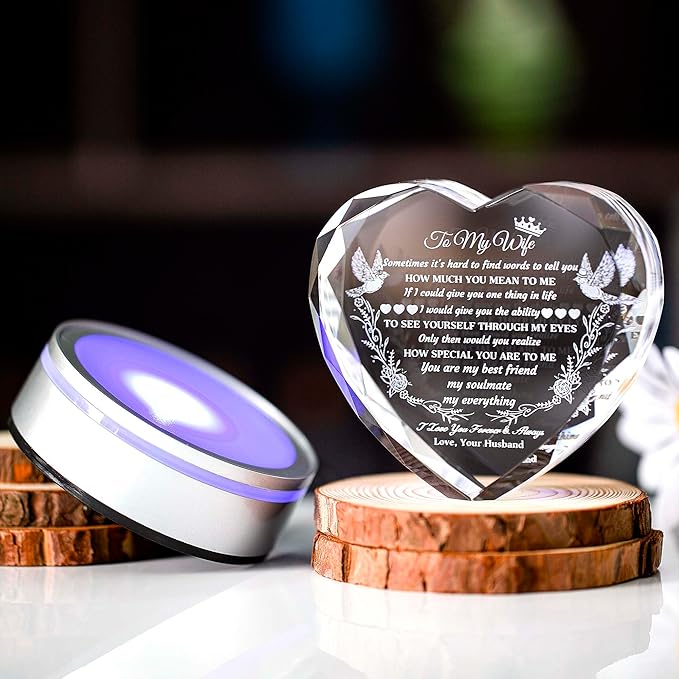 Gifts for Wife with LED Base, Romantic Crystal Keepsakes Presents for Wedding Valentines Day Christmas, Anniversary Birthday Gift for Women from Husband