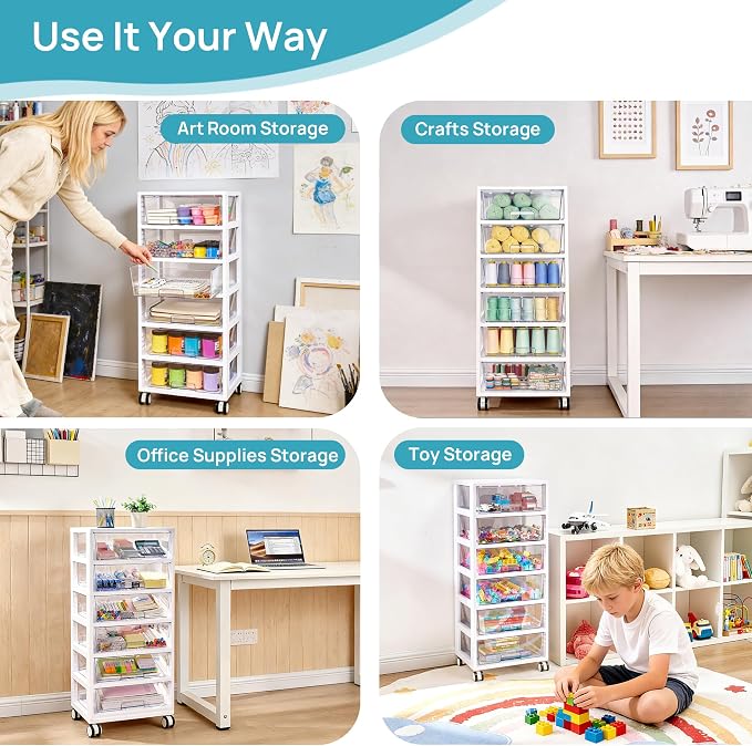 Vtopmart 6-Tier Rolling Cart with Deep Drawers, Clear Plastic Storage Organizer for Art & Craft Supplies, Toy, Office, Classroom, Bedroom, Bathroom