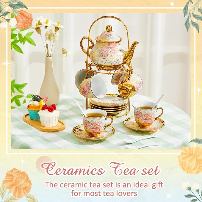 Zhehao 20 Pcs Porcelain Tea Set with Metal Holder and Spoon Adult Ceramic Tea Set European Flower Painting Teapot Cup Saucer Spoon for Women Mom Gift, Large Version (Gorgeous Style)
