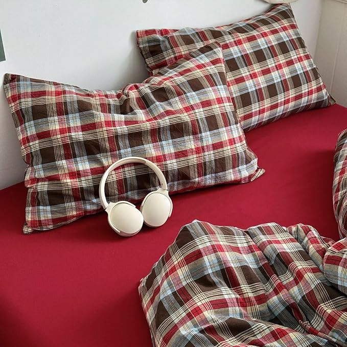 mixinni Vintage Red & Brown Buffalo Plaid Duvet Cover Set Full Size - 3 Piece Washed Cotton Bedding Set with Classic Checkered Pattern, Cozy Farmhouse Duvet Cover with Pillowcases for All Seasons