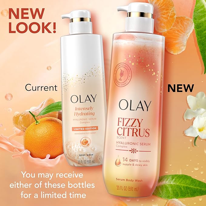 Olay Body Wash for Women, Intensely Hydrating, Pro-Hyaluronic Acid Serum Complex, Renews Moisture, Vitamin B3 Lameller Technology, For All Skin Types, Fizzy Citrus Scent, 20 fl oz