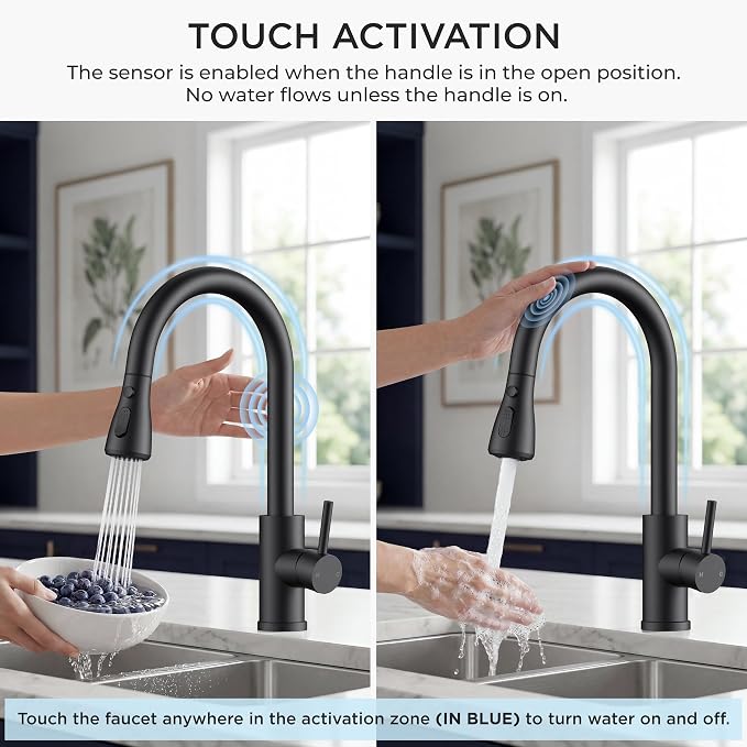 FORIOUS Black Touch Kitchen Faucet with Pull Down Sprayer, Touch Activated | High Arc Kitchen Sink Faucet with Deck Plate, Stainless Steel, Single Hole, Single Handle, Fit for RV Bar Farmhouse Laundry