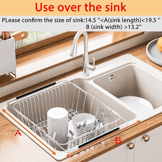 NiuYichee Stainless Steel Dish Drying Rack(15" L X 12.6" W X 4.7" H), Expandable Fruit & Vegetable Drain Rack Over Sink, Dish Drainer Rack in Sink, with Utensil Holder & Silicone Mat(16")