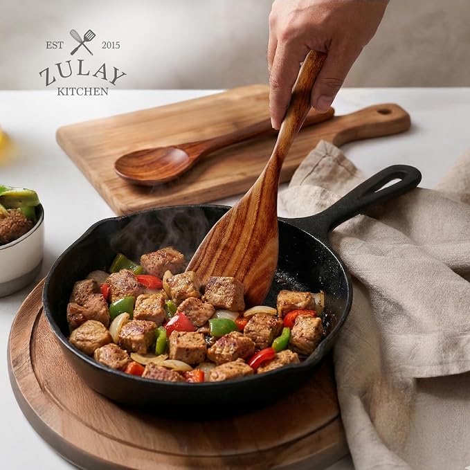 Zulay Kitchen Extra-Large 5-Piece Wooden Spoon Set - Smooth Teak Cooking Utensils - Comfort-Grip Non-Stick Turner, Spatula, Skimmer, Fork, Serving Spoon