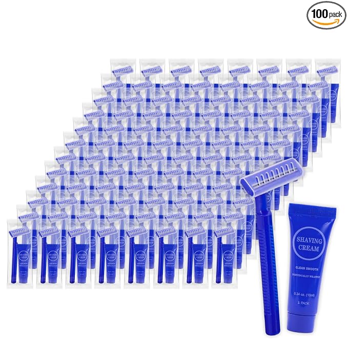 Disposable Razor Shaving Cream Set, Individually Wrapped Manual Twin Blade Shaving Razors in Bulk with Mini Smooth Shaving Cream Toiletries for Hotel Charity Camping Travel Homeless 0.34oz (100 Pack)
