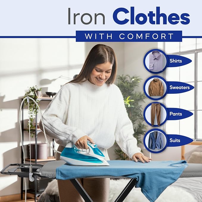BKTD Extra-Wide Ironing Board – 48"×18" Large Surface (57" w/Iron Rest) • Built-in Clothes Rack, Hanger & Cord Holder • Heat-Resistant Cover • Heavy-Duty, No Wobble • Adjustable Height • Black Grey. | Built-in Hanger, Cord Holder, Heat-Resistant Cover,...