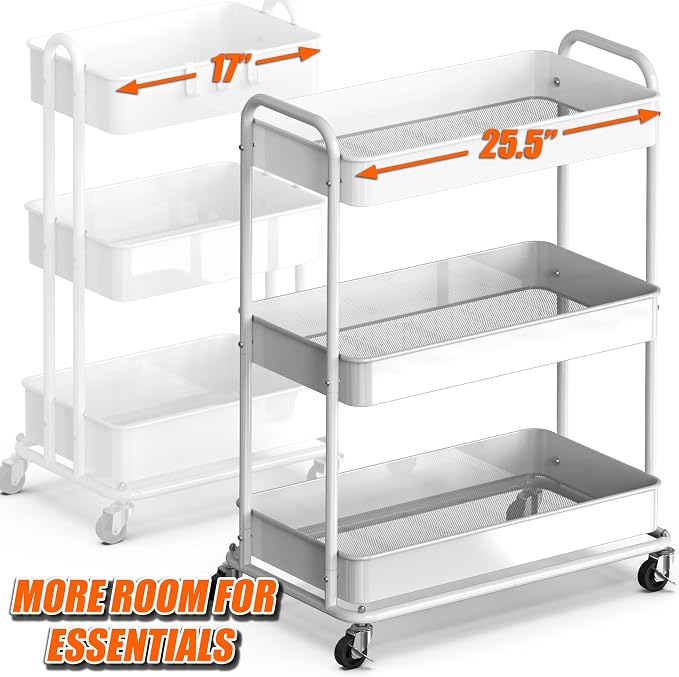 Simple Houseware 26" Extra-Wide 3-Tier Heavy Duty Metal Utility Cart, White | High-Capacity Rolling Cart Organizer for Spa, Salon, Office, and Home Storage