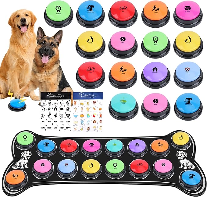 Dog Buttons for Communication,16 Pcs Talking Button Set with 30s Recordable Voice Pet Training Buzzers with Mat & 2 Stickers, Talking Buttons for Dogs & Cats (Batteries Not Included)